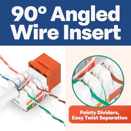Image of Everest 90 Degree RJ45 Cat6A Keystone Jacks Slim Profile 10-Pack Orange | Compatible with 90 Angled Speed Termination Tool - easyJACK (B094WB91H3)