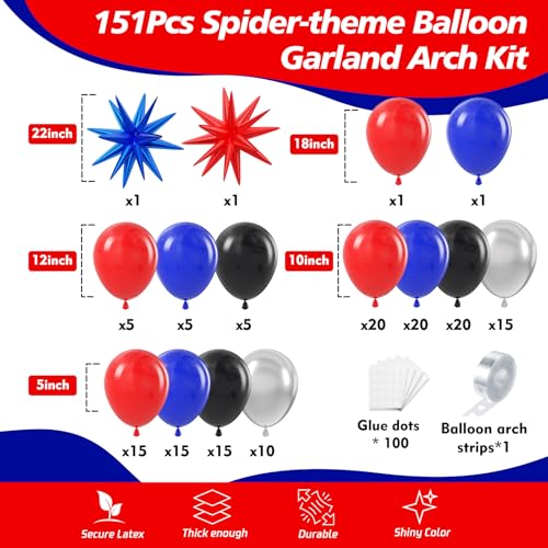 Image of Spider Balloon Arch Garland Kit - 151Pcs Spider Theme Birthday Decorations Royal Blue Black Red Silver Spider Arch Kit for Man Baby Shower Super Spider Hero Theme Boys Kids Party Decorations