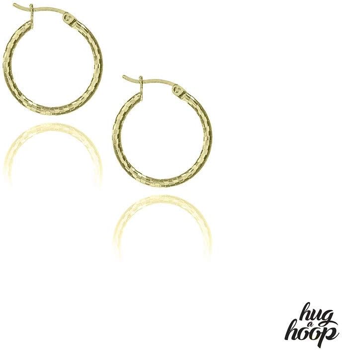 925スターリングシルバーゴールドオーバーレイダイヤモンドカットディスコスタイルフープイヤリング、2mmクリックトップフープ 12m