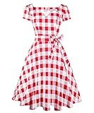 Girstunm Women's Classic Tea Dress Short Sleeve Swing Cocktail Party Dresses with Pockets Red-White-Plaid L