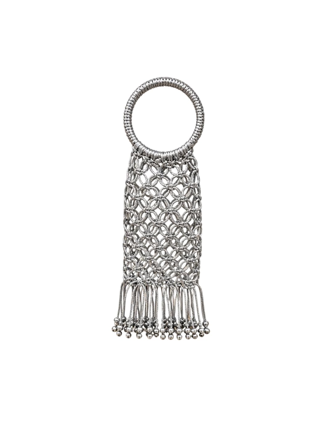 Women's Handmade Silver Macramé Potli Bag | Metallic Ring Handle Tassel Clutch | Wedding & Party Ethnic Handbag-image-9