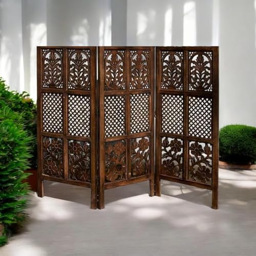 Image of Wooden Partition for Living Room, Privacy Divider, Wooden Room Separator, Divider for Office, Partition for Puja Room, (Mix Frame Design - Brown) (4 Feet 3 Panelss)