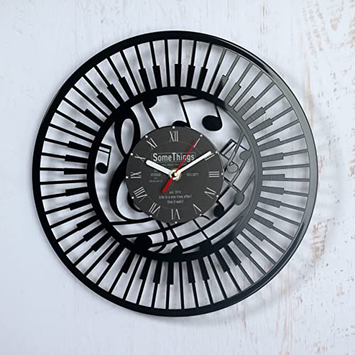Somethings Piano Vinyl Record Clock - Music Lovers Pianist Themed Gifts Idea For Man Or Woman, Kids - Musician Teachers Theme Home Musical Instrument Notes Wall Art Decor And Party Decorations Black #TOP3