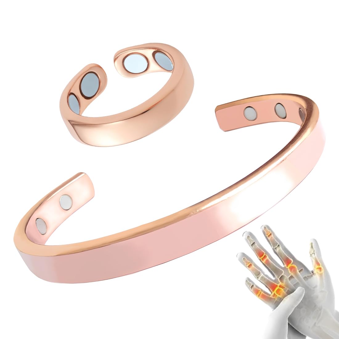 Pulsera y Anillo magnéticos Ajustables de Cobre con 8 imanes Integrados, Unisex (Oro Rosa)