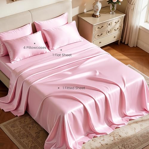 Image of Love's cabin Satin Full Sheets Set - 6 Piece Pink Silky Bed Sheets Set with Deep Pocket, Luxury Silk Feel Satin Full Size Sheet Set (1 Flat Sheet, 1 Fitted Sheet, 4 Pillow Cases)
