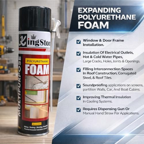 Image of Kingston DIY PU Foam Sealant Spray White 450 ml- Multipurpose Wall Gap Filling, Crack & Hole Repair, Insulation, Sealing Expandable Waterproof Foam Spray for Doors, Windows, PVC Pipe & AC Ducts (1 Pc)