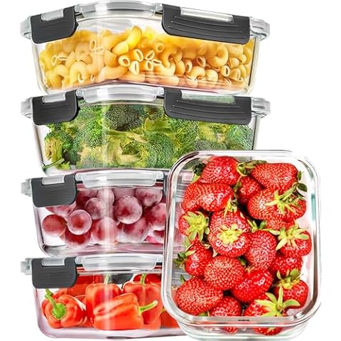 CEKEE Glass Meal Prep Containers with Lids, 5 Pack 36 OZ Glass Food Storage Containers, Airtight Glass Lunch Containers Set, Salad Container for Microwave, Oven, Freezer & Dishwasher Safe Cover