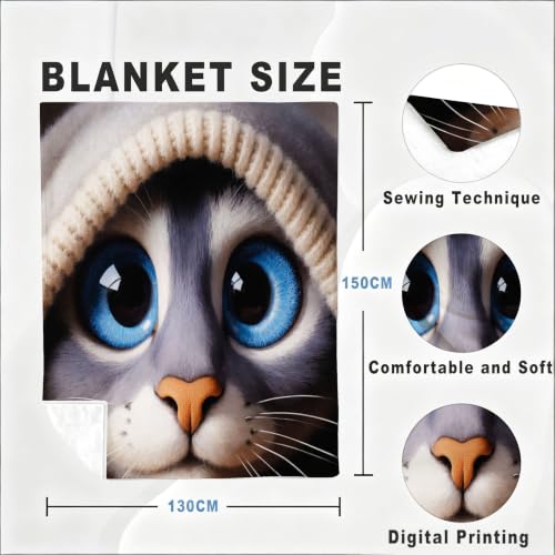 Couverture polaire chat dessiné gris grand format pour protection froid - 5