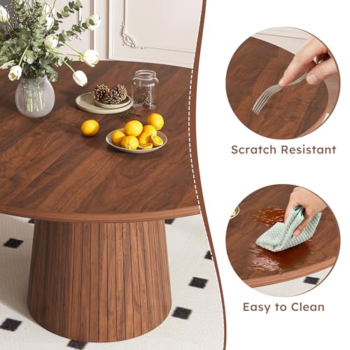 Image of Modern Round Dining Table, 47 inch Walnut Round Kitchen Table with Wood Grain Tabletop & Fluted Strip Base, Space Saving Circle Dining Table Seats 4-6, Ideal for Dining Room, Living Room, Small Space