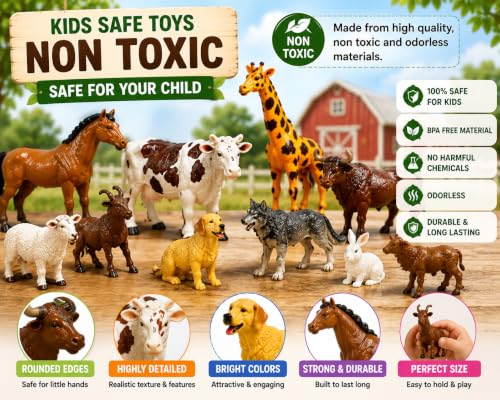 Image of Brand Conquer Farm Animal Toys for Kids, 12 Pcs Realistic Farm Animal Figures Set, Non-Toxic Plastic Learning Toys for Boys & Girls, Educational Montessori Animal Playset, Birthday Gift for 3+ Years