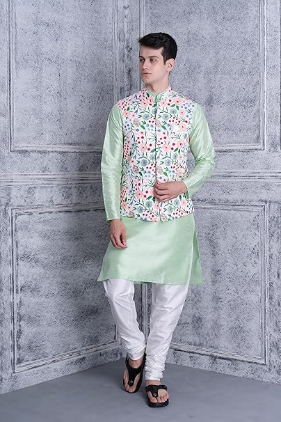 Image of Uri and MacKenzie Men's Silk Blend Kurta Pyjama with Stylish Embroidered Ethnic Jacket