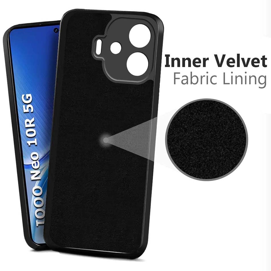 Image of Fashionury Liquid Silicon Back Cover for iQOO Neo 10R 5G | Camera Protection | Inner Velvet Fabric | Anti-Fingerprint | Ultra Slim Case (Black)