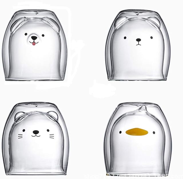 FGYZYP Cute Glass Mug Double Wall Cup, 4Pcs Bear cat Animal Clear Insulated Glassware Coffee Espresso Cappuccino Tea Cup for Gift Cartoon Household Accessories Office Kitchen Supplies