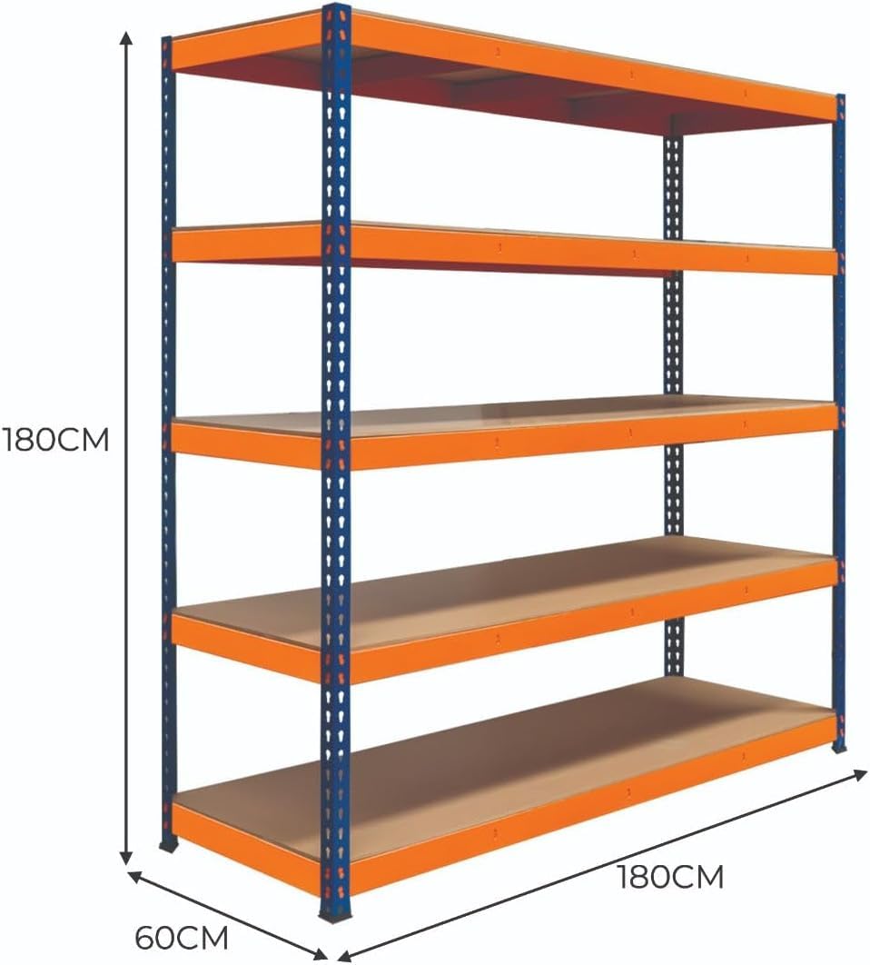 Scaffalatura Per Garage S-Rax 5 Ripiani 180 Cm X 180 Cm X 60 Cm In Acciaio Capacità Di 300 Kg Per Ripiano Disposizione Regolabile Montaggio Senza Bulloni Piedi In Gomma 3 Barre Di Supporto Rinforzate