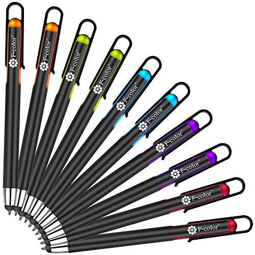 F-color Stylus Pen, 10 Pack Black Ink 2 in 1 Tablet Stylus Pens & Click Ballpoint Pens for Touch Screen, iPad iPhone X 8 7 6s 6s Plus 6 6 Plus 5 5s 5c, iPod, Android, Orange Green Blue Purple Red