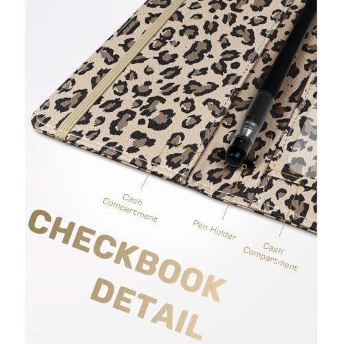 Image of Checkbook Cover for Men Women, Premium Leather Checkbook Holder with RFID Blocking and Built in Clear Plastic Divider for Personal and Business Checks (Leopard-Yellow)