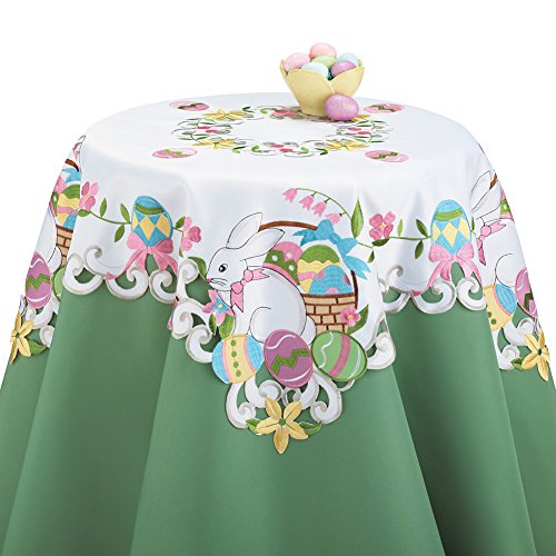 Collections Etc Adorable Easter Embroidered Table Linens with Bunny and Baskets Filled with Colorful Eggs, Yellow, Square
