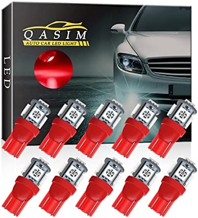 Qasim 10pcs T10 W5W Led Bulbs 5SMD 501 194 168 5050 Chipset Wedge for Car Interior Dome Dashboard Map RV License Plate Side Lights DC 12V Red