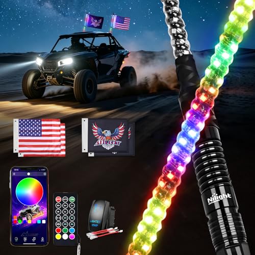 Image of Nilight LED Whip Light 2PC 2FT Spiral RGB Antenna Whips with Spring Base, App /Remote Control DIY Chasing Patterns Brake & Reverse Turn Signal Lights for Side by Side ATV UTV RZR Can-Am Buggy Jeep
