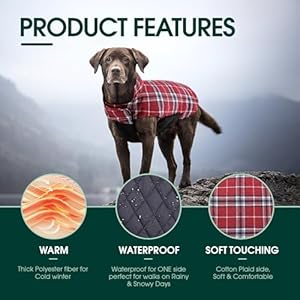 Kuoser warm dog coat reversible dog jacket waterproof dog winter coat british style plaid dog clothes pet dog cold weather coats cozy snow jacket vest for small medium large dogs red xs  urban country home decor