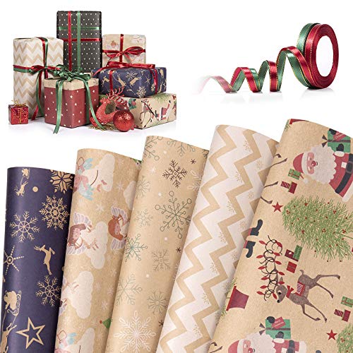WolinTek Papier Cadeau de Noël, Lot de 5 Papier d'emballage Kraft de Plié avec 2 Rubans, pour Présent Cadeau de Noël Anniversaire,70 x 50 cm Cover