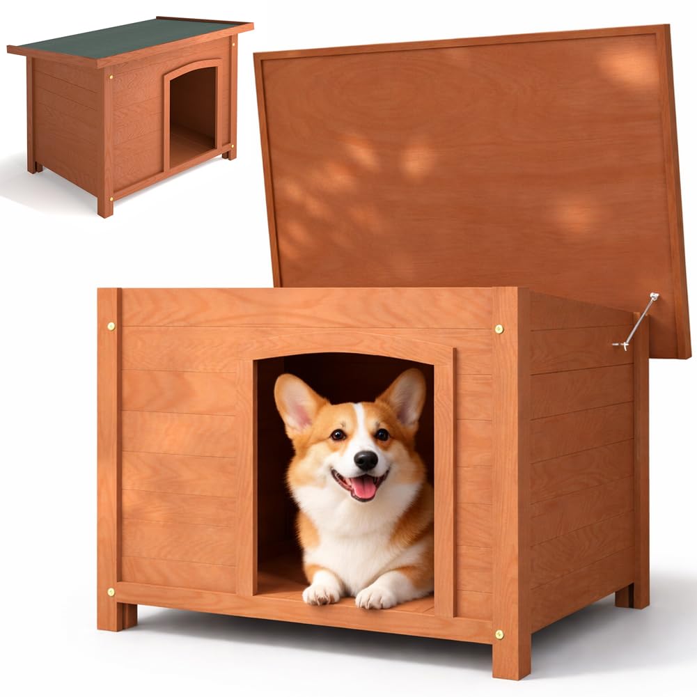 BAKAJI Cuccia per Animali Domestici in Legno di Cipresso, Casetta per Cani e Gatti con Tetto Apribile, Casa da Esterno ed Interno Resistente Alle Intemperie con Tettoia Asfaltata, 85 x 58 x 58 cm