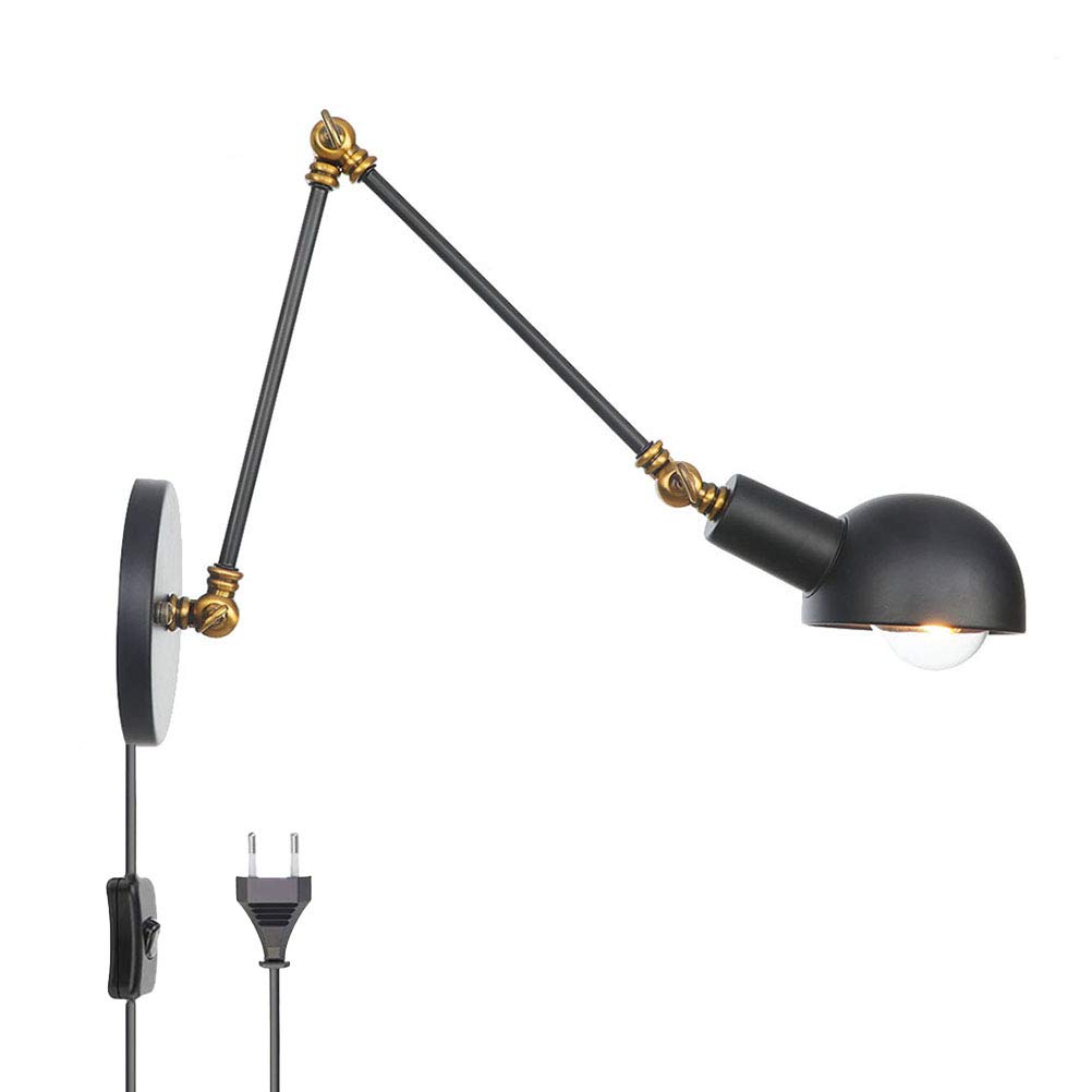 Schwarz Industrie Wandleuchte mit stecker und kabel, Schlafzimmer Wandlampe Verstellbar metall Lange Arm Nachttischlampe Schwarz lampenschirm Wand-leselicht mit schalter E27 Retro innen Beleuchtung