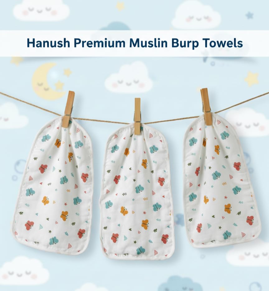 Image of HANUSH 6-Layer Pure Muslin Cotton Baby Burp Towels (50x25cm) Ultra Soft & Absorbent Shoulder Burp Cloths for Newborn Babies & Toddlers, Smooth Finished Edges (Premium Muslin Baby Burp Towel)