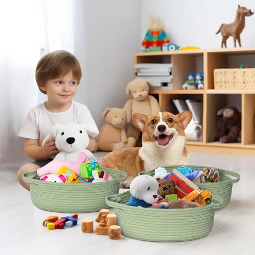 Image of Small Baskets for Gifts Empty, 13 inchx 9 inchx 5 inch Woven Gift Basket with Bag and Ribbon, Cotton Rope Kids Dog Cat Toy Bin Box, Cute Baby Nursery Organizer, Decorative Storage with Handles, Green