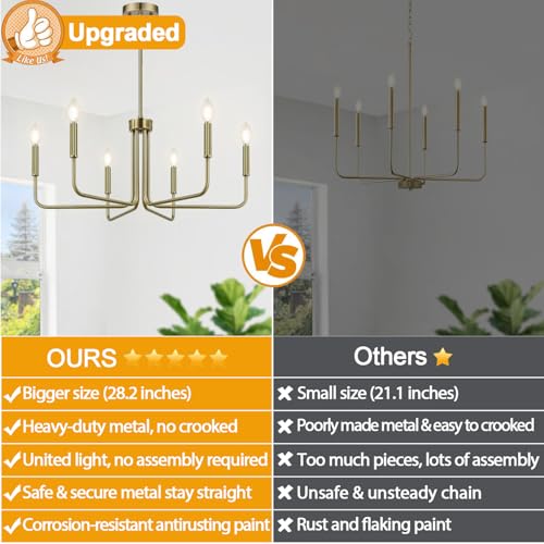 Lynnoland Brass Chandelier, 6-Light Farmhouse Chandeliers for Dining Room Lighting Fixtures Hanging, Vintage Candle Pendant Light Light Fixture for Bedroom, Kitchen, Foyer and Living Room