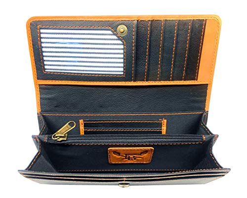 Leather Book® LW-1802 TAJ Leopard Ladies Wallet|11 card slots|1 card window|4 slide pockets|1 zip compartment pocket| 1 back silver metal zip pocket | Black, Tan Cowhide & Jersey leopard Print Leather4