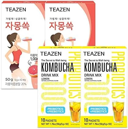 TEAZEN 2 Flavor 40 stick Variety Pack, Pink Grapefruit Hibiscus and Green Tea Powdered Drink Mix (20 Sticks, 3.52oz), and Kombucha Lemon Flavor Powdered Drink Mix (20 Sticks, 3.52oz)
