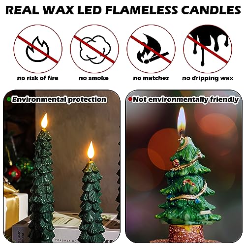 Image of Funtery 6 Pcs LED Christmas Tree Flameless Taper Candles Real Wax Battery Operated Candlestick Lights with 3D Flame and Remote Timer Window Fireplace(Green,Christmas Tree)