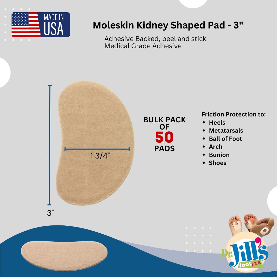 Dr. Jill's Foot Pads, YJ15-8068, podkładka w kształcie nerki Moleskin (50 sztuk) Blister Pad