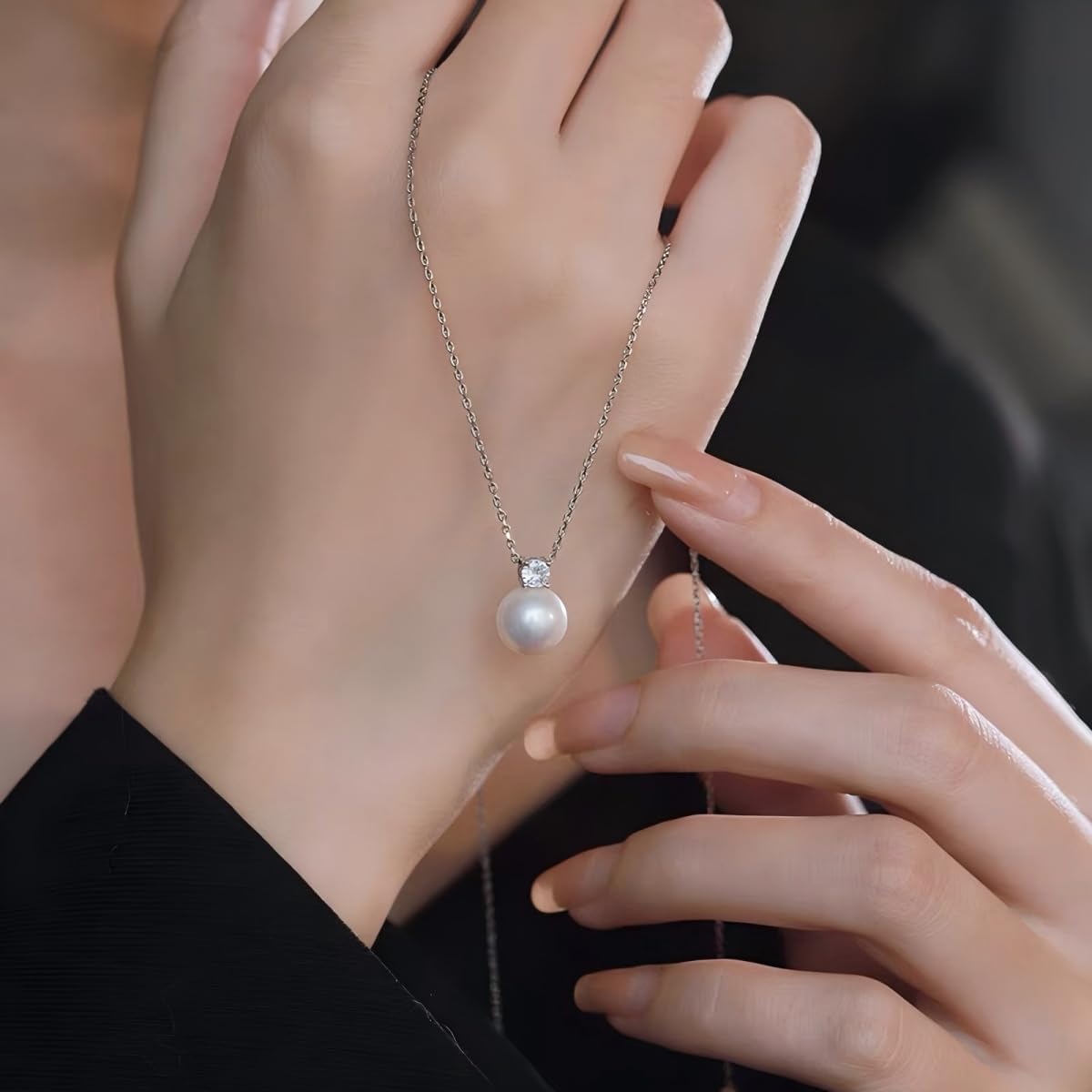 Aleasha 925 Sterling Silver Single Pearl Necklace White Black Pearl Cubic Zirconia Pendant Necklace for Women Wedding Jewelry Gifts - Image 7