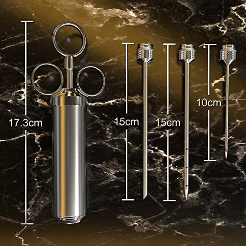 Foto von Edelstahl Fleischspritze, Marinierspritze, BBQ Bratenspritze mit 3 Nadeln, 60 ml Gewürzspritze für Rind, Huhn, Gebäck mit Marmelade zu befüllen, 304 Edelstahlausführung (Silber)