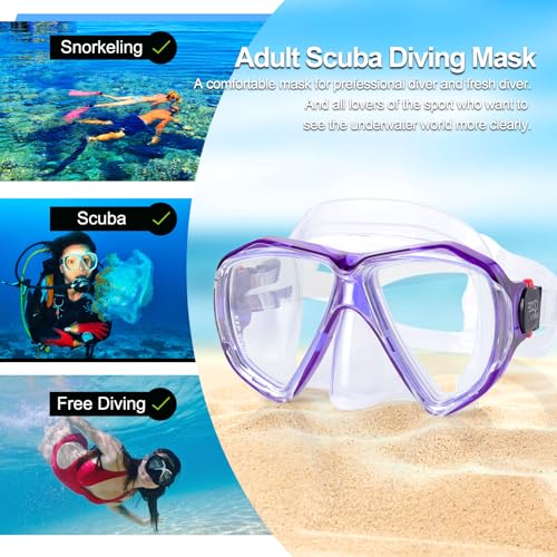 Image of Snorkel Diving Mask Panoramic HD Swim Mask, Anti-Fog Scuba Diving Goggles,Tempered Glass Dive Mask Adult Youth Swim Goggles with Nose Cover for Diving, Snorkeling, Swimming (Clear Purple)