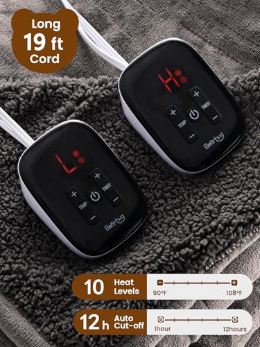 Bearhug Electric Blanket King Size with Dual Controls, 10 Heat Levels & 1-12H Auto Shut-Off, Fast Heating Soft Velvet to Sherpa Heated Blanket for Couples, Machine Washable, Gray