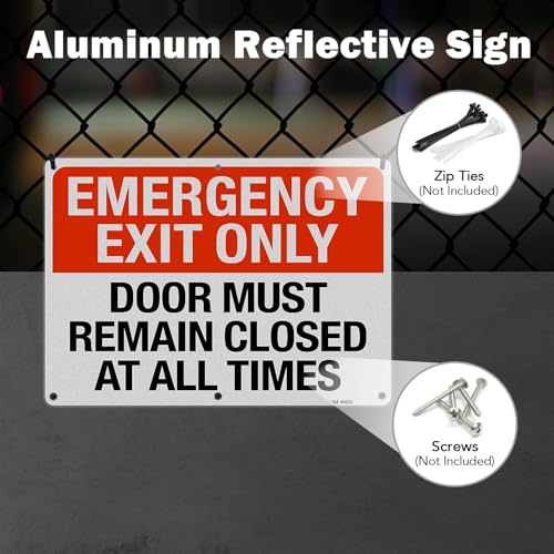 Image of T&R Large Emergency Exit Only Sign Door Must Remain Closed At All Times - 2 Pack - 14 x 10 Inches Rust Free .040 Aluminum Reflective - UV Protected, Waterproof, Weatherproof and Fade Resistant - 6 Pre-drilled Holes