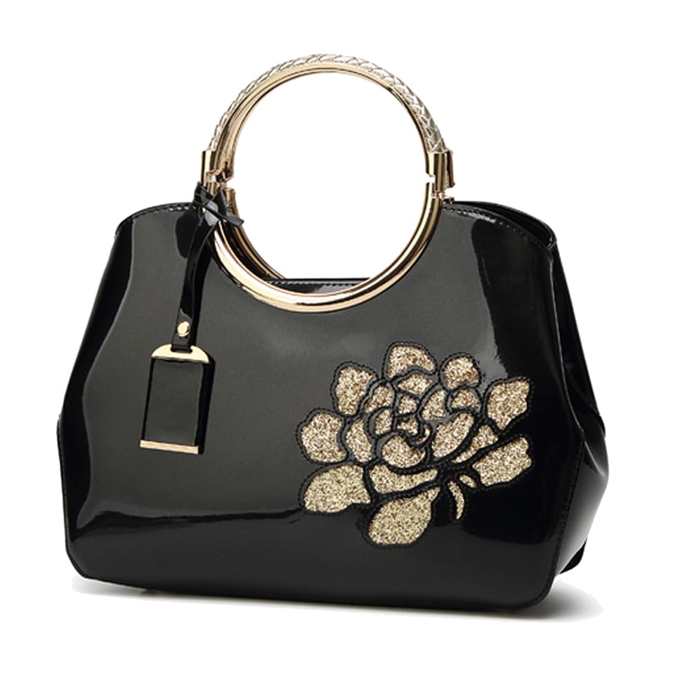 Bolsos de Mano con Bandolera en Cuero de Patente de PU para Mujer Bolso de Hombro Bolsos Bandolera Bolso de señora para Mamá Negro
