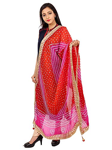 Image of Women's Jaipuri Art Silk Bandhej Rajasthani Bandhani Dupatta with Gota Patti Lace
