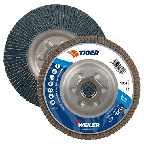 Image of Weiler 50519 Tiger Premium Type 29 Angled Flap Disc, Zirconia Alumina, 60 Grit, 5 /8 inch-11 inch UNC, 13000 rpm, 4-1 /2