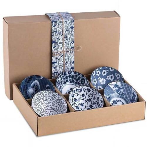 Wyndshades 6 Piece 10 Oz Blue & White Ceramic Bowls Set – Elegant Japanese-Style Porcelain Dessert & Side Dish Bowls, Mixed Patterned Rice Bowls For Everyday Dining & Gift Giving