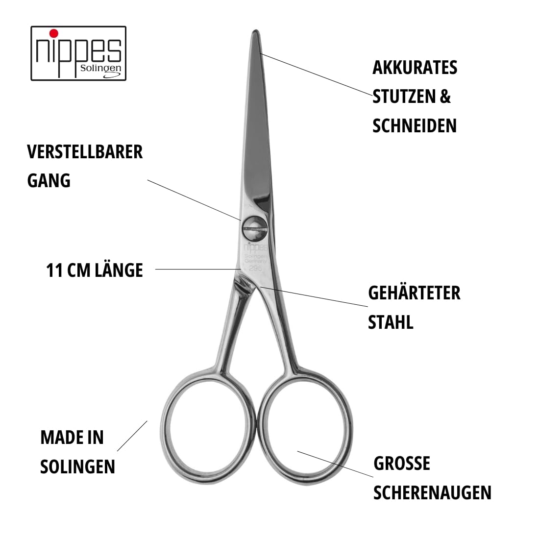 Tijeras para barba Nippes Solingen, 1 pieza, acero niquelado, 11 cm