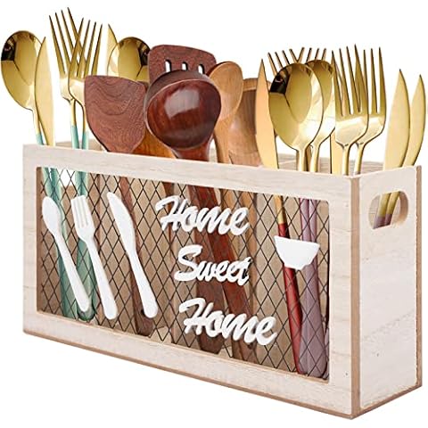 Wood Utensil Holder Caddy with Handle for Kitchen Countertop, LASZOLA 4 Compartments Wooden Utensil Crock Flatware Silverware Cutlery Storage Organizer for Farmhouse Countertop Decor Cover
