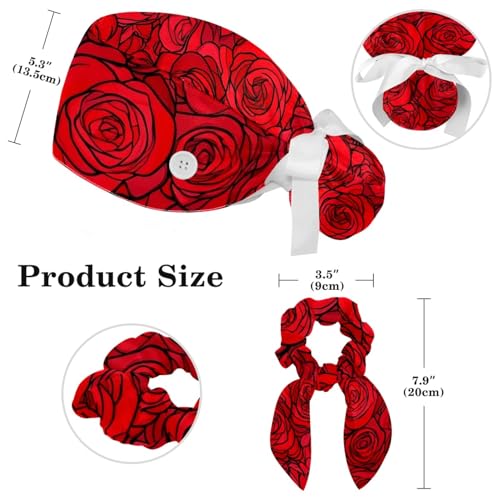 Image of Red Blooming Rose Flowers Black Working Cap with Scrunchy and Ribbon Tie for Women, Long Hair
