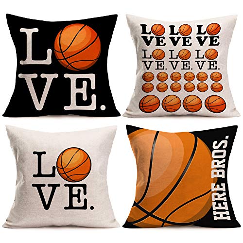 Asamour Love Basketball Pillowcase Set Of 4 Popular Sport Basketball Design Cotton Linen Throw Pillow Case Cushion Cover Protector Pillow Sham For Basketball Fans 18’’X18’’,Black,White,Orange #TOP22