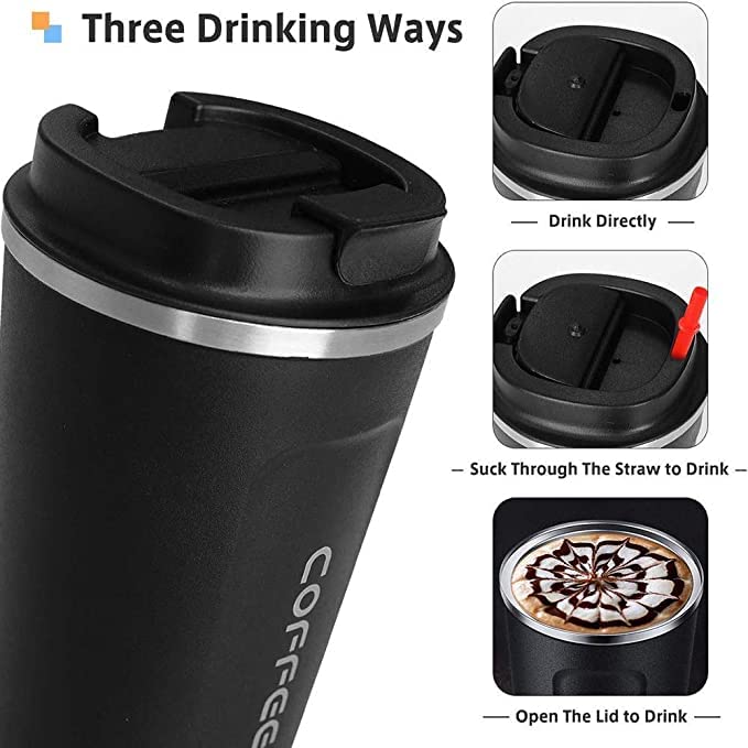 Image of Vacuum Insulated Stainless Steel Coffee Mug Tumbler - 510ml Travel Thermos Sipper Cup, Double Wall Hot & Cold Beverage Flask for Tea, Coffee, Office & Outdoor Use (Black)