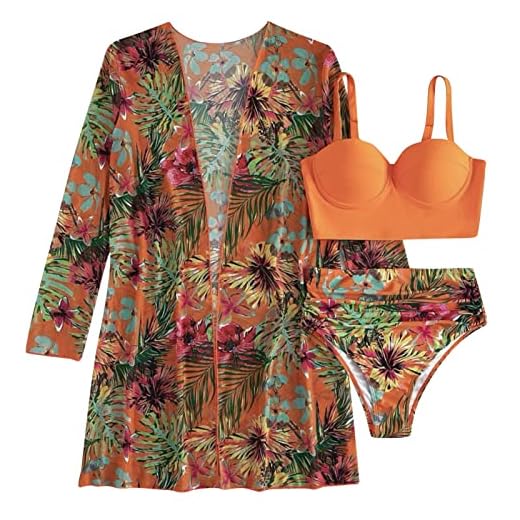 VEMOW Traje de Baño para Mujer Cubrirse Sexy Frente Abierto Bikini de Playa Traje de Baño Kimono Cubrir Ropa de Playa Larga y Fluida Bikini Tangas Cuerda(B-Naranja,S)