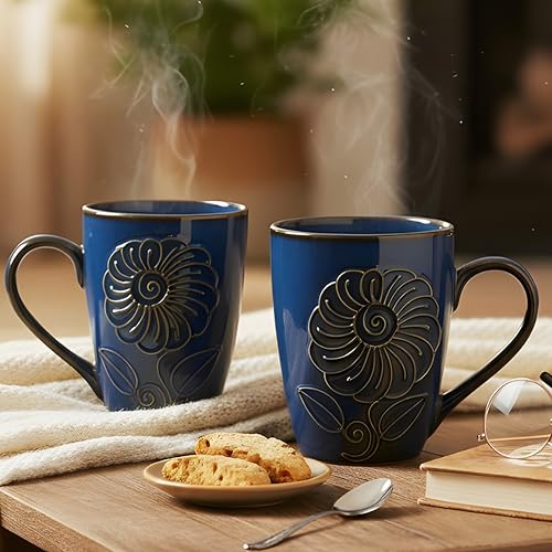 Image of KITTENS Handcrafted Blue Floral Ceramic Coffee Mugs Set of 2 - 330 ml Studio Finish Tea & Coffee Cups, Microwave & Dishwasher Safe - Premium Gift for Housewarming & Special Occasions